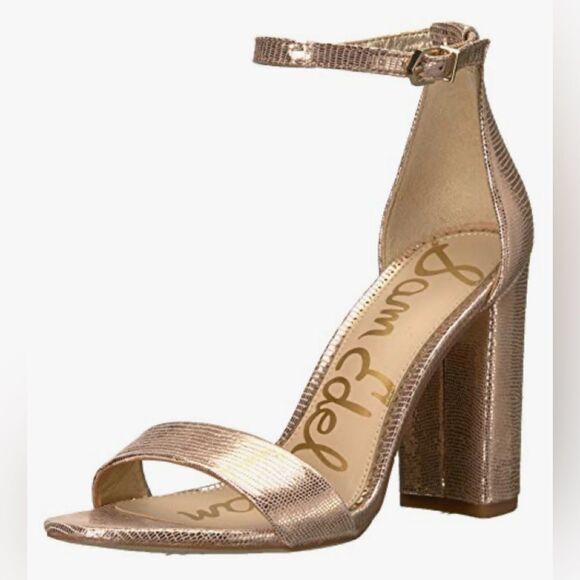 Sam Edelman YARO Rose Gold Leather Metallic Reptile Chunky 4" Open Toe Sandals - Picture 2 of 16